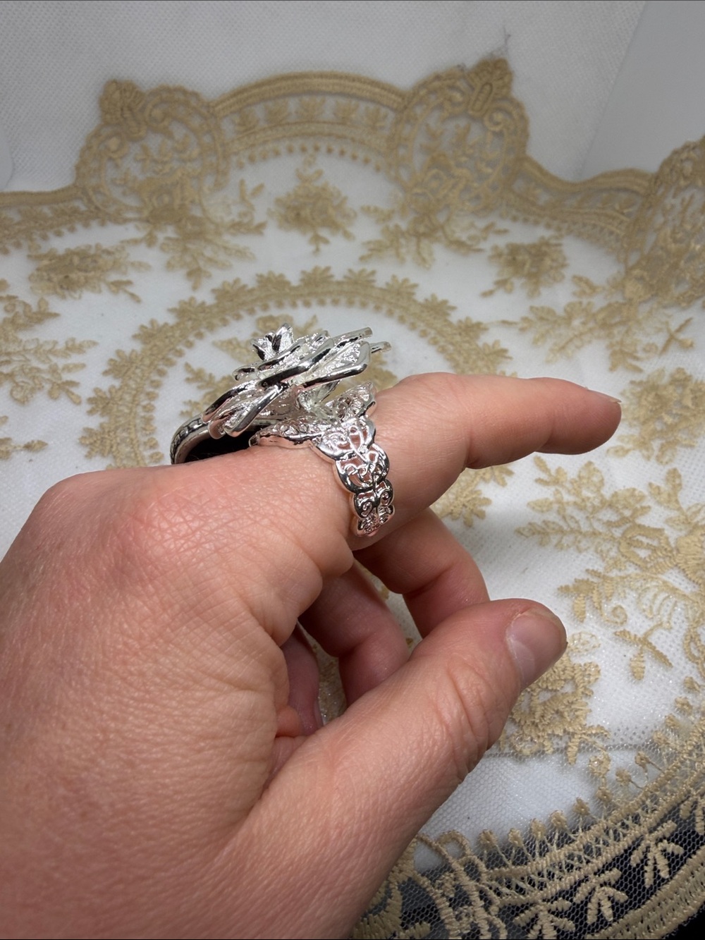 925 Sterling Silver Romantic Flower Ring Adjustable Lace Filigree Victorian - Picture 3 of 8